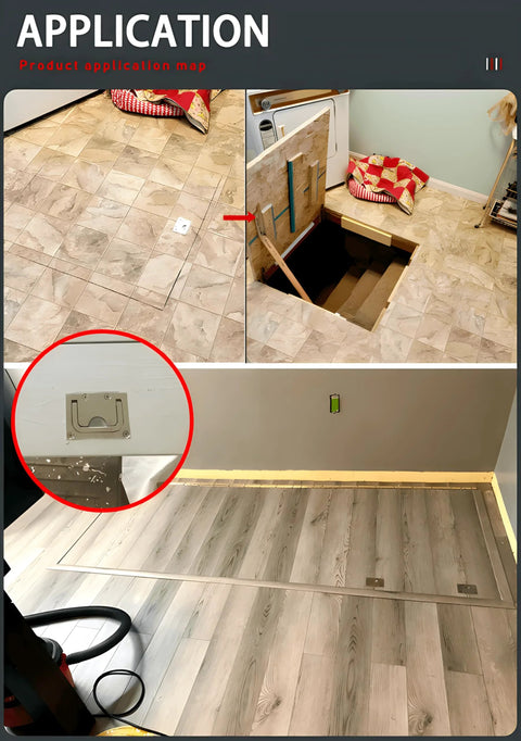 Application of 316 Stainless Steel Electrophoretic Black Hatch Ring Pull For Deck Hatch in a wooden floor setting, showing flush mount and screws.