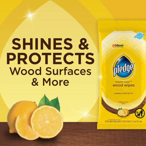 Expert Care Lemon Scent Wood Wipes For Polishing And Protecting Wood Furniture And Surfaces No Spray Convenience Pack Of 6 With 144 Total Wipes Yellow packaging with lemon slices and product description text on a yellow background.