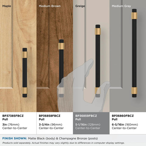 Mergence Cabinet Pull in Matte Black Champagne Bronze displayed on various wood finishes in 5-1/16 in center to center size.
