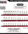 15.5 Inch Red Twist Lock Magnetic Socket Rail Set For Toolbox Organization, Holds 36 Sockets displayed with socket clips