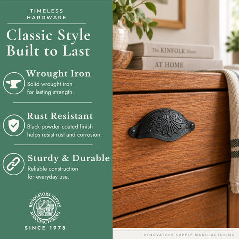 Premium Black Wrought Iron Floral Drawer Pull Cup Bin Handle 4.5 Inch Hella Sturdy Vintage Cabinet Knobs Pack Of One Rust Free Hardware To Upgrade Your Setup Pairs Nice For Farmhouse Cabinetry And Home Renovation Projects Today on a wooden dresser.