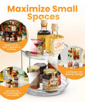 Clear Two Tier Lazy Susan Organizers Two Pack With Effortless Smooth Spin Turntable Silent Revolving Base Maximizing Vertical Counter Space For Spice Jars Total Kitchen Game Changer - display of rotating trays with various jars and bottles in a compact pantry setting.
