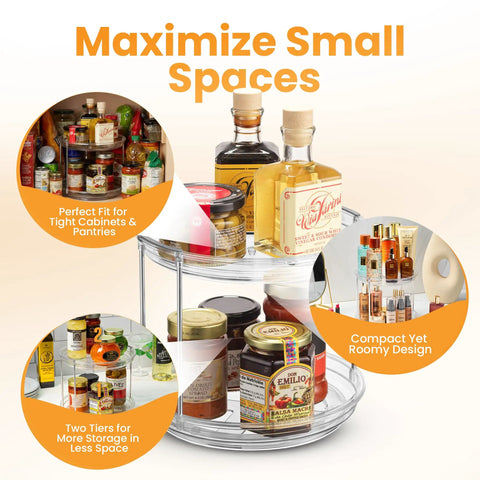 Clear Two Tier Lazy Susan Organizers Two Pack With Effortless Smooth Spin Turntable Silent Revolving Base Maximizing Vertical Counter Space For Spice Jars Total Kitchen Game Changer - display of rotating trays with various jars and bottles in a compact pantry setting.