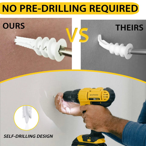 Comparison of self-drilling design in 60Pcs Self Drilling Drywall Anchors And 8 Screws Heavy Duty Wall Anchors Kit