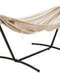 Two Person Double Hammock With 9 Foot Space Saving Steel Stand And Carrying Case, 450 Lb Capacity, Beige Stripe With Lace Design