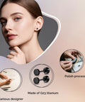 Close-up of a model wearing Straight Up Titanium Screw Back Stud Earrings Zero Drama For Sensitive Skin Medical Grade F136 Nickel Free.