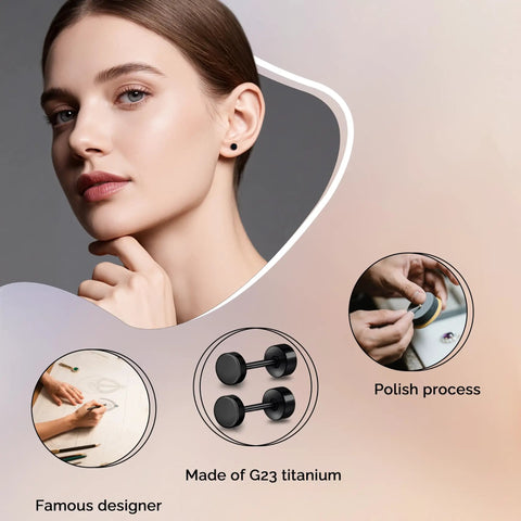 Close-up of a model wearing Straight Up Titanium Screw Back Stud Earrings Zero Drama For Sensitive Skin Medical Grade F136 Nickel Free.