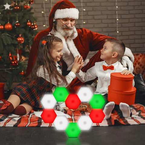 Children playing with Hexagon LED Wall Panels 10 Pack With Remote And Touch Control RGB 13 Color Lights DIY Modular Hex Panels USB Powered