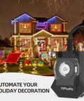 Super Reliable Plug In Outdoor Timer With 24 Hour Mechanical Control Heavy Duty Build Featuring Three Grounded Outlets Quick Setup Set It Forget It Ease for holiday lights near a decorated house.