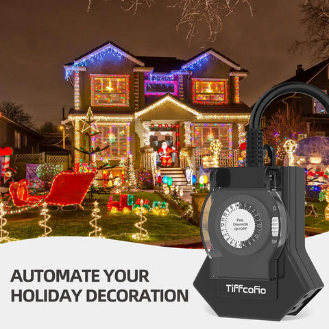 Super Reliable Plug In Outdoor Timer With 24 Hour Mechanical Control Heavy Duty Build Featuring Three Grounded Outlets Quick Setup Set It Forget It Ease for holiday lights near a decorated house.