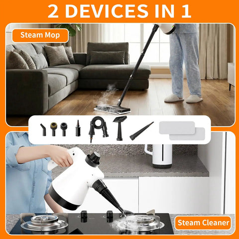 Heavy Duty 16 In One Detachable Steam Mop And Handheld Steamer For Hardwood Floors Tile And Grout in use on hardwood and kitchen surface.