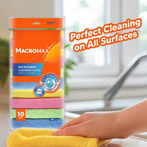 MacroMax microfiber cleaning cloths, pack of 10, multicolor towels in a clear plastic package.
