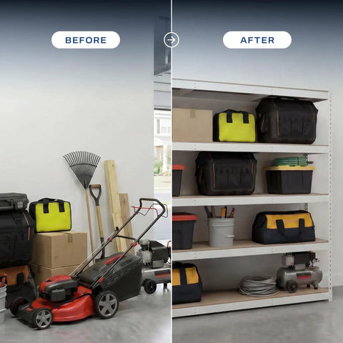 Before and after of Slick Modular Garage Shelving Rack Featuring Five Heavy Duty Steel Shelves And Bright White Finish, showing organization change.