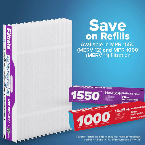 Filtrete 16x25x4 Refillable Air Filter replacement, MPR 1550, MERV 12, packaging with promotional text on filtration efficiency.