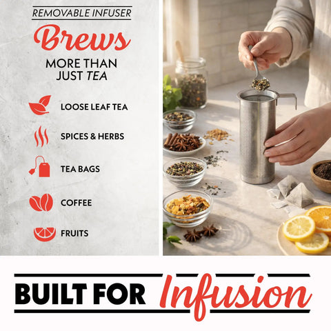 Removable infuser demonstrated brewing with spices and fruits, highlighting versatility beyond just tea in a kitchen setting.