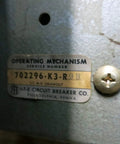 Close-up of the operating mechanism label for Built Tough K Line 600A Motor Operated Air Circuit Breaker Rated 480 V Ac And 600 V Ac.