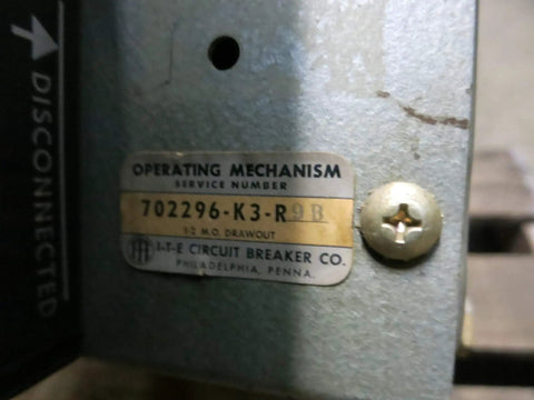 Close-up of the operating mechanism label for Built Tough K Line 600A Motor Operated Air Circuit Breaker Rated 480 V Ac And 600 V Ac.