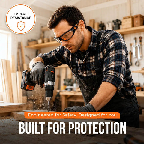 Top Shelf Industrial Safety Glasses With Vibrant Orange Frame Clear Anti Fog Lenses Scratch Resistant High Impact Shield Ansi Z87 Certified Uv400 Eye Protection Clutch For The Job Site Bad Boy Gear, man drilling wood