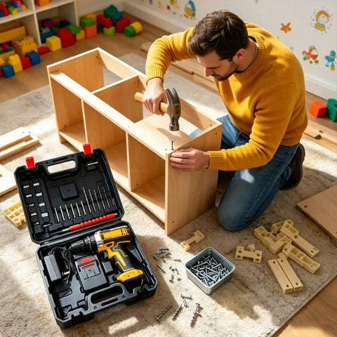 Man using 21V cordless drill driver to assemble wooden shelf with tools in a portable case, showcasing home repair work.