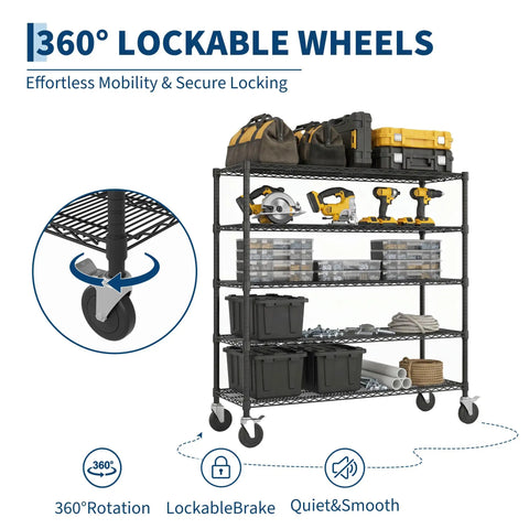 Heavy Duty Rolling Wire Shelving Cart With Five Adjustable Steel Shelves And Locking Swivel Wheels And Hella Solid 640 Lbs Per Tier Build For Garage Pantry Or Basement Storage, showcasing 360° lockable wheels and tools.