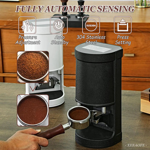 Automatic Electric Coffee Tamper With Adjustable 5 To 30kg Pressure And One To Three Second Timers Plus Universal Base Compatible With All Portafilters, showcasing 304 stainless steel and pressure adjustment features.