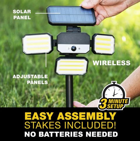 Solar Powered Outdoor Flood Light With Motion Sensor, 3 Head Wall Lights, adjustable solar panel, wireless setup