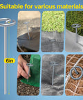 Thick 8 Gauge Circle Top Landscape Pins Stakes Galvanized 6 Inch Garden Staples for fabric installation shown in various settings.