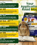 Application road map for Rabbit Granules For Gardens And Lawns, All Season Rabbit Repellent For Farms And Landscapes, product on table.
