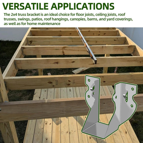 Image showing 2x4 truss bracket installed on wooden frame with text describing versatile applications, part of 30 Pack 2x4 Joist Hangers And Rafter Brackets Built From 20 Gauge Carbon Steel With Hot Dip Galvanized Finish For Rust Resistance And Wind And Earthquake Tough As Nails Built To Last In Tropical Storms.