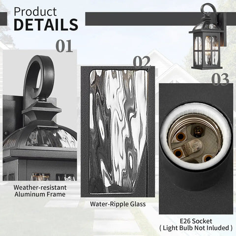 Rock Solid Aluminum Outdoor Wall Light Featuring Slick Water Ripple Glass Exterior Fixture and Helluva Tough Weatherproof Porch Sconce plus Knockout Doorway Accent for Backyard or Garage Entry with black aluminum frame and E26 socket.