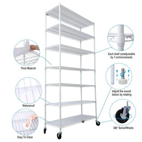 Seven Tier Heavy Duty Wire Shelving Unit With Wheels Adjustable Metal Rolling Rack For Garage Kitchen Pantry features adjustable shelves and easy-clean surface.