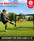 Boy kicking soccer ball into Two Pack 4x3 Feet Kids Soccer Goals For Backyard Portable Pop Up Nets With Targets