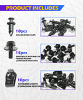 35 Piece Car Engine Under Cover Splash Shield Bolt Kit components; includes 10 push clips, 15 body bolts, 10 U-nuts.