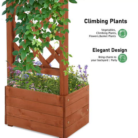 Wooden Garden Arbor With Planter Boxes And Wedding Arch For Outdoor Ceremony, Trellis For Climbing Plants, golden brown finish