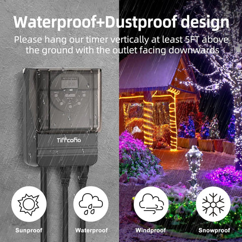 Outdoor Digital Light Timer Outlet 7 Day Programmable Plug In Switch with waterproof and dustproof design for holiday lighting.
