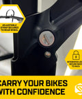 Close-up of a modular two in one hitch rack lock system for two bikes up to eighty pounds, with adjustable strap and lock labels.