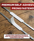 Premium Workhorse Self Adhesive File Prong Fasteners With Bulletproof Archival Adhesion For Sorting Reports Charts And Documents In A Two Inch Capacity One Hundred Piece Bundle on a wooden table.