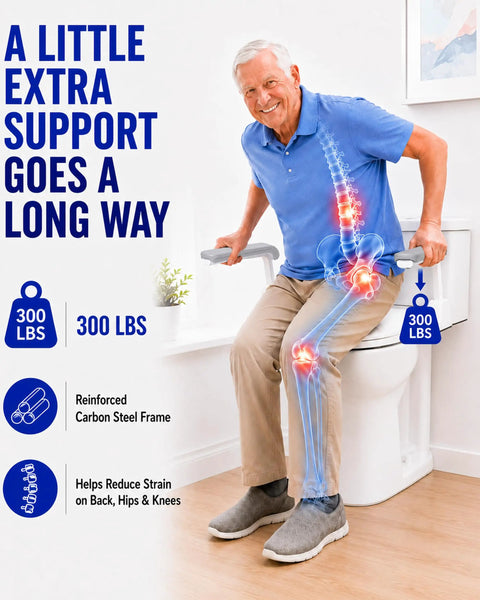Heavy Duty Adjustable Toilet Safety Rail Giving Rock Steady Grip And Quick No Drill Setup For Seniors And Pregnant Moms Who Need Easy Getting Up Without Eating Up Valuable Bathroom Space Inside, carbon steel frame with elder support.