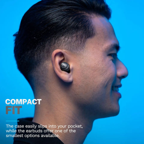 Profile view of person wearing totally wireless earbuds featuring instant plug and play pairing, compact design.