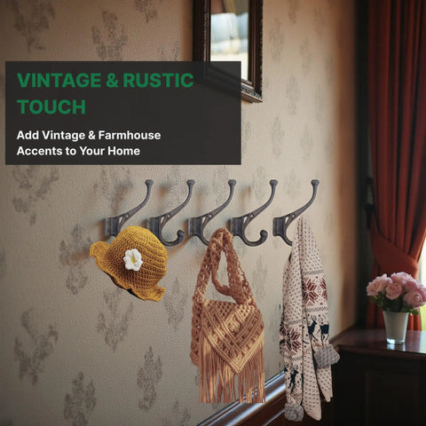 Old School Cast Iron Wall Hooks Solid Five Pack Heavy Duty Rustic Design with hats and bags in a vintage setting.