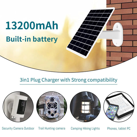 Solid 8W Solar Panel Charger With Integrated 13200Mah Power Bank For Outdoor Security And Trail Cameras on a wall mount.