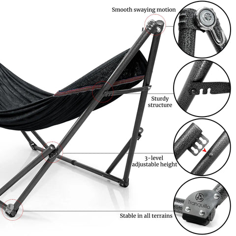 Universal Hammock Stand 600 Lb Capacity, 30 Second Foldable Setup, No Tools Or Screws Needed, Portable Camping Hammock Stand With 3 Year Warranty, Heavy Duty Steel Frame For Indoor Outdoor Use, Black. Side view with close-ups of adjustable features.