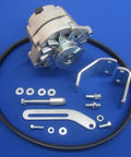 Heavy Duty One Wire Alternator Upgrade Kit For Lincoln Sa 200 Sa 250 Redface Short Hood Welders Featuring Knockout Internal Regulator Plug And Play Zinc Brackets Plus Quality Grooved Belt Setup components arranged on a blue background.