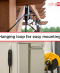 Two Pack 50 Ft Outdoor Extension Cords With Three Outlets Grounded Power Strip hanging from a pergola