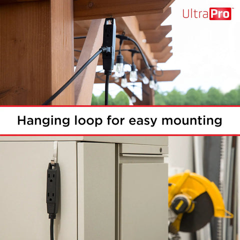 Two Pack 50 Ft Outdoor Extension Cords With Three Outlets Grounded Power Strip hanging from a pergola