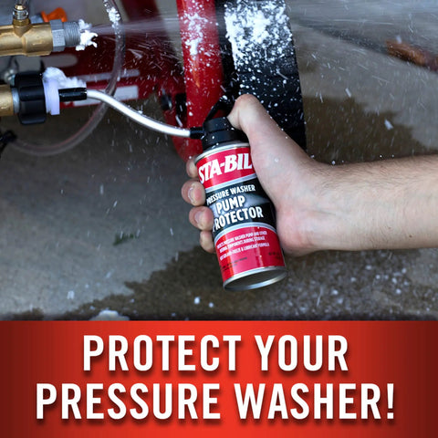 Hand using pump protector for pressure washer storage with next gen anti freeze and lubricant formula 4 oz, spraying foam
