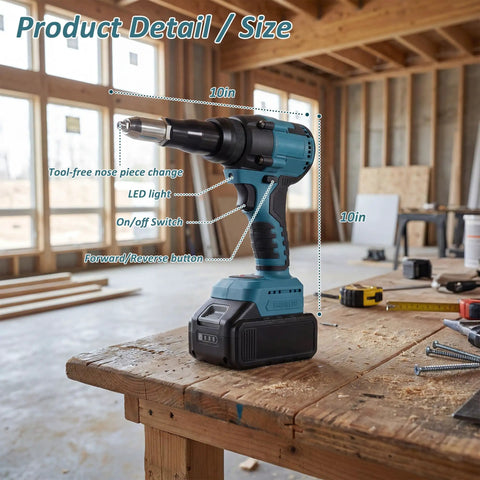 Badass Heavy Duty Cordless Pop Rivet Gun Workhorse With Smooth Pulling Action And Bright Led Light, Plays Nice With Makita 18V Batteries, showing dimensions and features like LED light on a workbench.