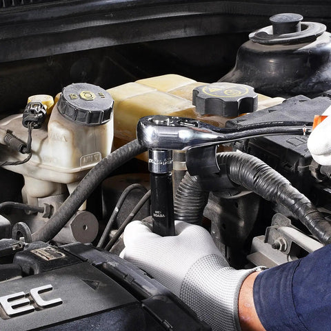 Mechanic using Impact Socket Set 3/8 Inch Drive, 48-Piece Including SAE 5/16 To 3/4 Inch And Metric 8 To 22 Mm, Cr-V Alloy Steel on engine