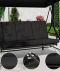 Three-Seat Outdoor Porch Swing With Adjustable Canopy For Sun Protection, Sturdy 800 Lb Heavy Duty Steel Frame, Reclines To A 180 Degree Swing Bed, Cup Holder Trays, Cushions And Pillows For Garden, Black shown with cushions.