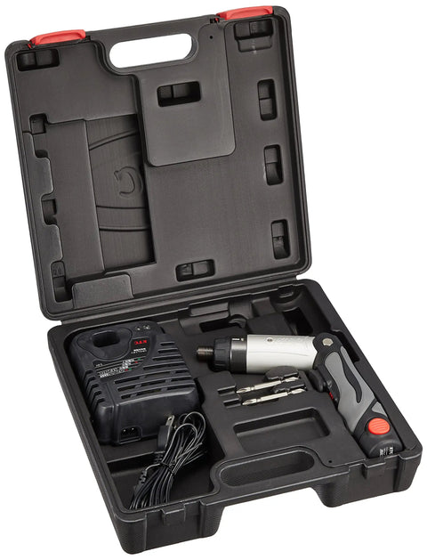 Heavy Duty Cordless Screwdriver Set Featuring Smooth Variable Speed Switches And Two Position Convertible Grip For No Sweat Home Repairs And Slick Electrical Installations in a black storage case.